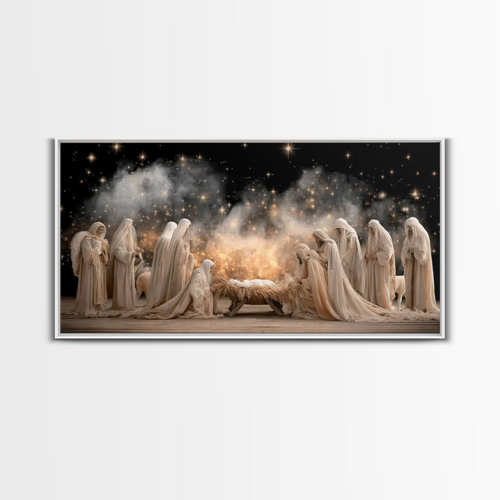Angelic Midnight Glow – Framed Canvas Print – Christian Art Canvas – Jesus Painting – Christmas Art – Christian Christmas – Christian Decor