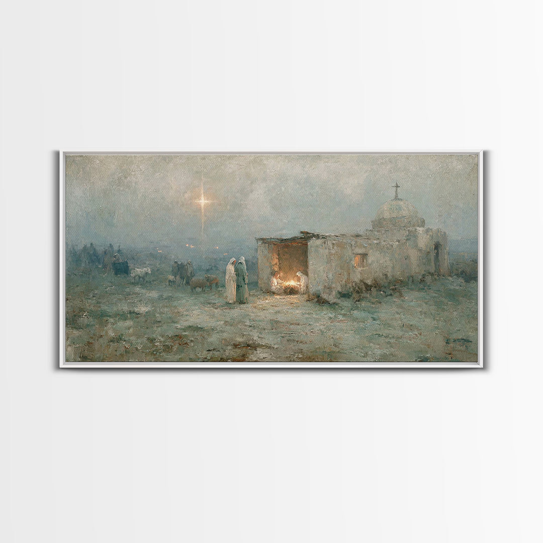 Sacred Night Refuge – Framed Canvas Print – Christian Art Canvas – Jesus Painting – Christmas Art – Christian Christmas – Christian Decor