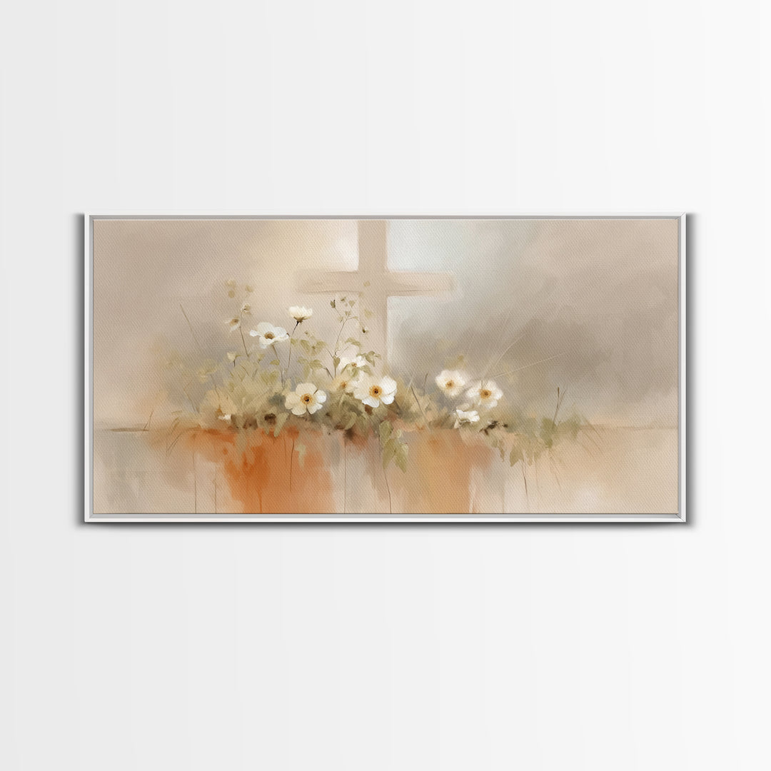 Peaceful Cross Light – Framed Canvas Print – Christian Wall Art – Minimalist Christian Art – Christian Art Print – Subtle Christian Paintin