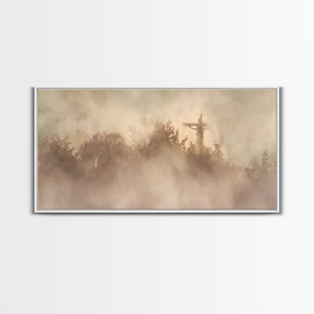 Cross In Mist – Framed Canvas Print – Christian Wall Art – Christian Art Canvas – Christian Art – Moody Christian Art – Christian Christmas