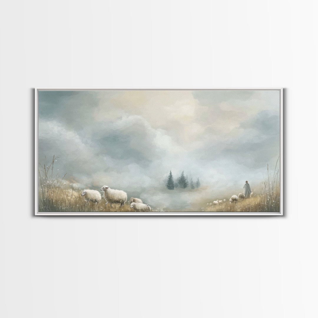 Dawn Meadow Peace, Framed Canvas Print, Christian Art Canvas, Christian Wall Art, Christian Christmas Art, Christian Decor, Jesus Painting