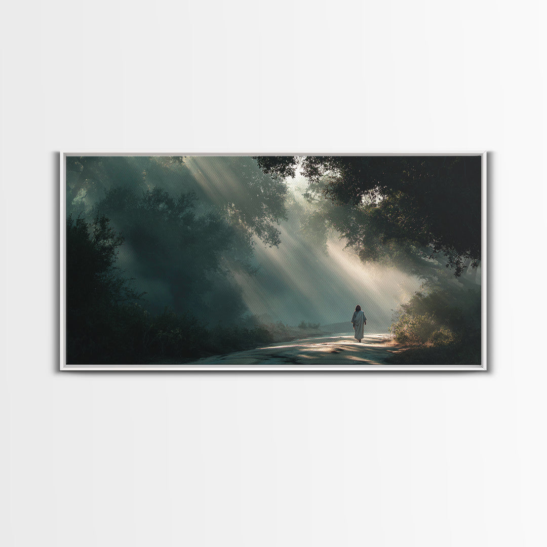 Forest Light Path | Framed Canvas Print | Jesus Painting | Christian Art Canvas | Christian Wall Art | Christian Christmas Art | Christian