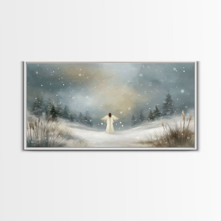 Angel In The Snow, Framed Canvas Print, Christmas Art Prints, Christian Wall Art, Angel Art, Moody Christmas Art