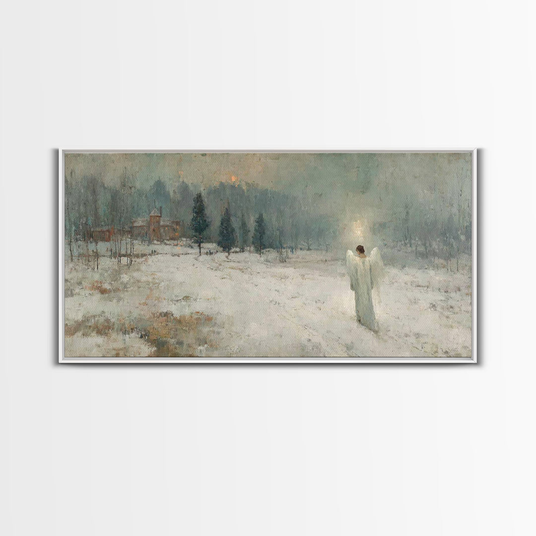 Winter Guardian Light – Framed Canvas Print – Christian Wall Art – Christian Art Canvas – Moody Christmas Art – Christian Christmas Decor –