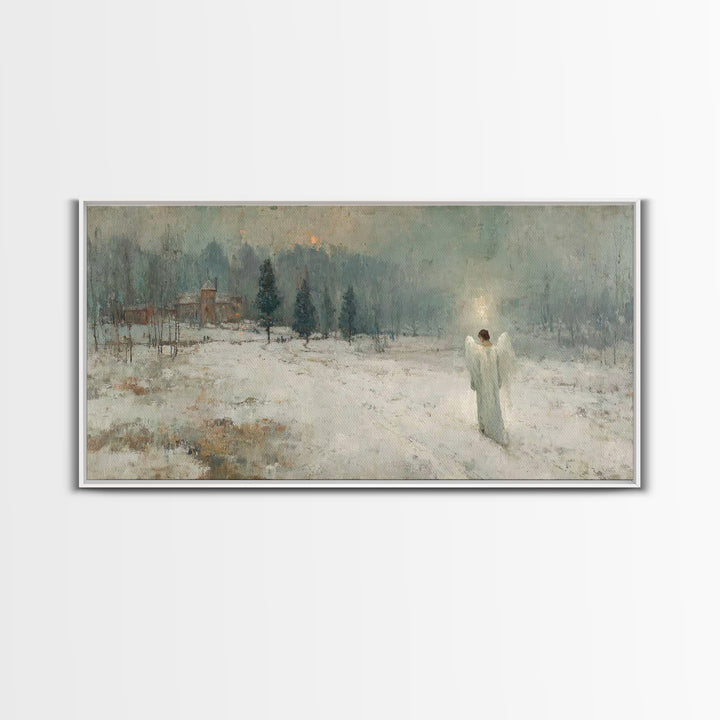 Winter Guardian Light – Framed Canvas Print – Christian Wall Art – Christian Art Canvas – Moody Christmas Art – Christian Christmas Decor –