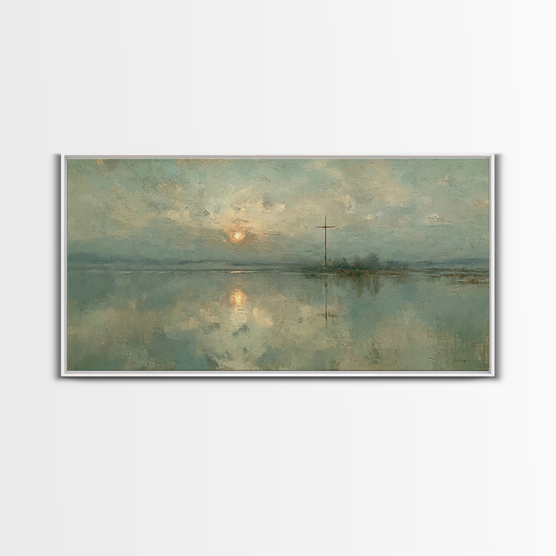 Silent Cross Reflection, Framed Canvas Print, Christian Art Canvas, Moody Christian Art, Christian Wall Art, Christmas Art, Christian Decor