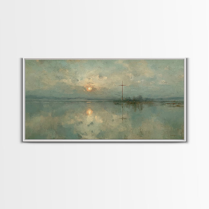 Silent Cross Reflection, Framed Canvas Print, Christian Art Canvas, Moody Christian Art, Christian Wall Art, Christmas Art, Christian Decor