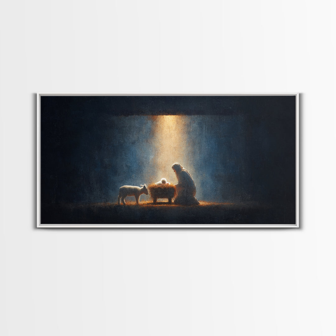 Midnight Manger Glow – Framed Canvas Print – Christian Art Canvas – Christian Wall Art – Jesus Painting – Christmas Art