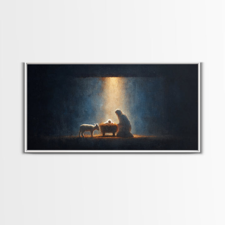 Midnight Manger Glow – Framed Canvas Print – Christian Art Canvas – Christian Wall Art – Jesus Painting – Christmas Art