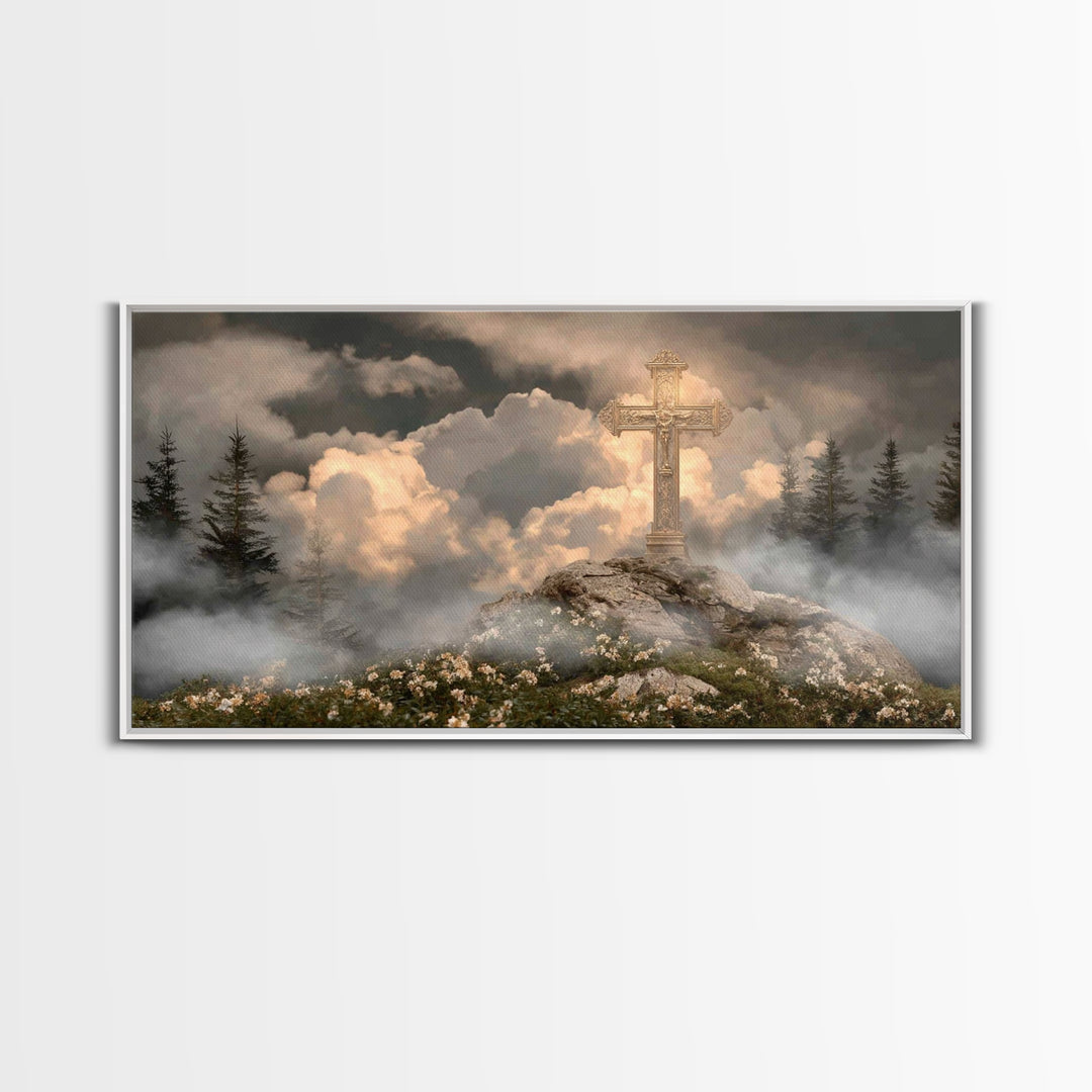 Golden Hill Cross – Framed Canvas Print – Christian Art Canvas – Christian Wall Art – Christian Painting – Large Christian Art