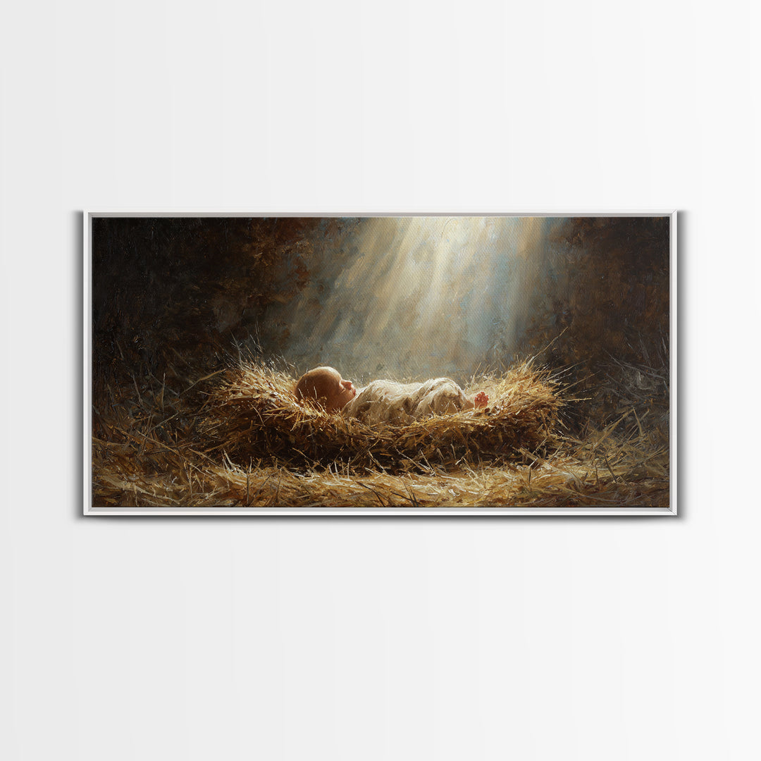 Heavenly Manger Light – Framed Canvas Print – Christian Wall Art – Jesus Painting – Christmas Art – Christian Decor – Christian Christmas A
