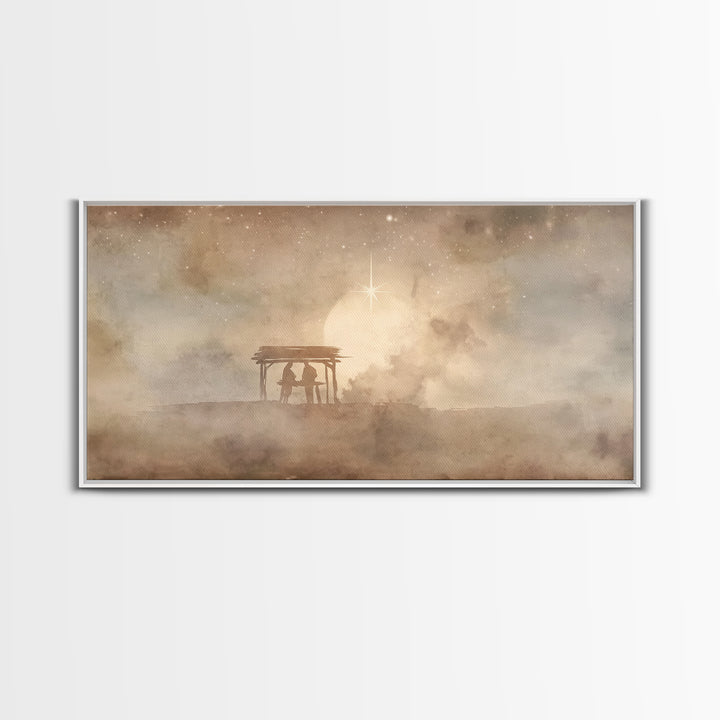 Holy Shelter Night – Framed Canvas Print – Christian Christmas Art – Christian Wall Art – Christmas Art Prints – Jesus Painting – Christian