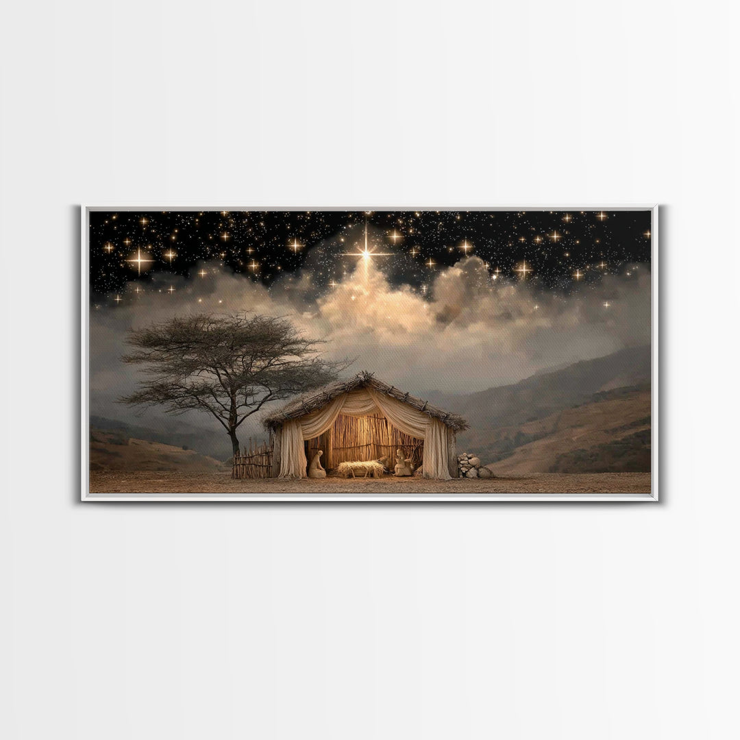 Holy Night Glow, Framed Canvas Print, Christian Christmas Art, Christian Wall Art, Jesus Painting, Christmas Canvas Art