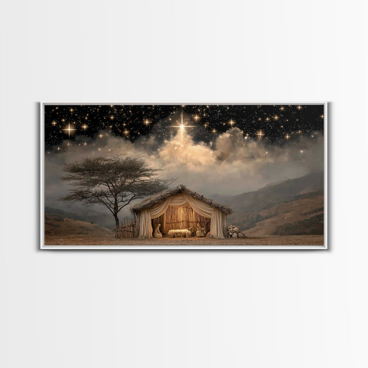 Holy Night Glow, Framed Canvas Print, Christian Christmas Art, Christian Wall Art, Jesus Painting, Christmas Canvas Art