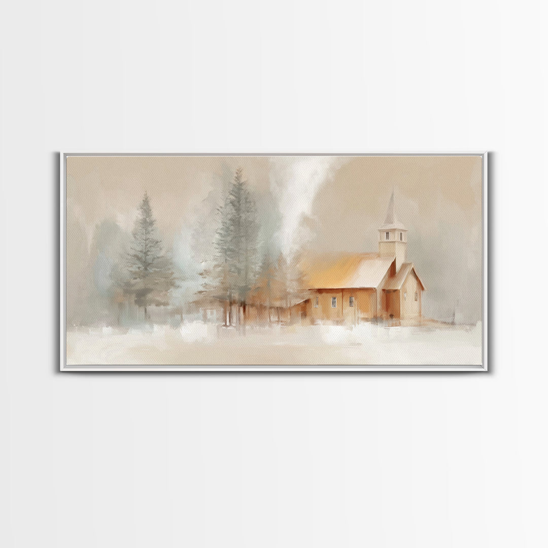 Winter Church Light - Framed Canvas Print - Christian Wall Art - Christmas Art - Christian Art Work - Christian Decor