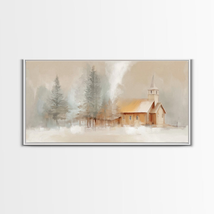 Winter Church Light - Framed Canvas Print - Christian Wall Art - Christmas Art - Christian Art Work - Christian Decor