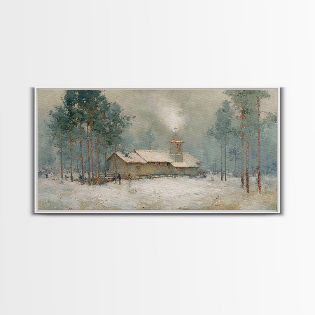 Snowy Pine Chapel | Framed Canvas Print | Christian Wall Art | Christmas Canvas Wall Art | Christian Art Gift | Winter Christian Art