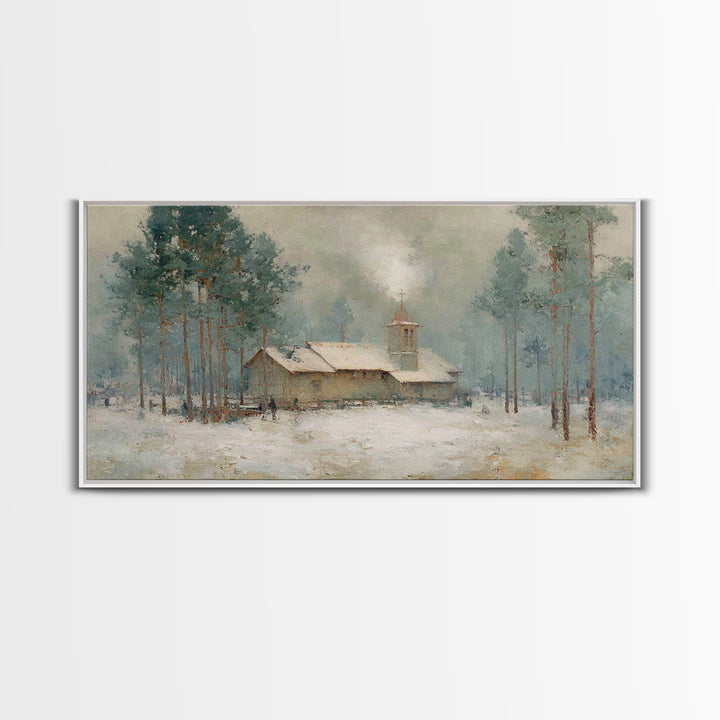 Snowy Pine Chapel | Framed Canvas Print | Christian Wall Art | Christmas Canvas Wall Art | Christian Art Gift | Winter Christian Art