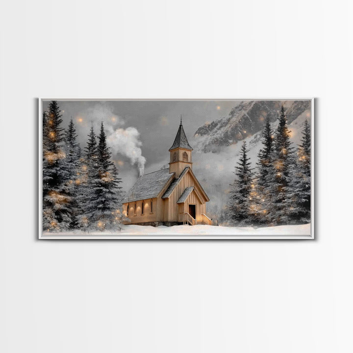 Mountain Chapel Glow - Framed Canvas Print - Christian Wall Art - Christian Christmas Art - Christmas Wall Art - Christian Decor