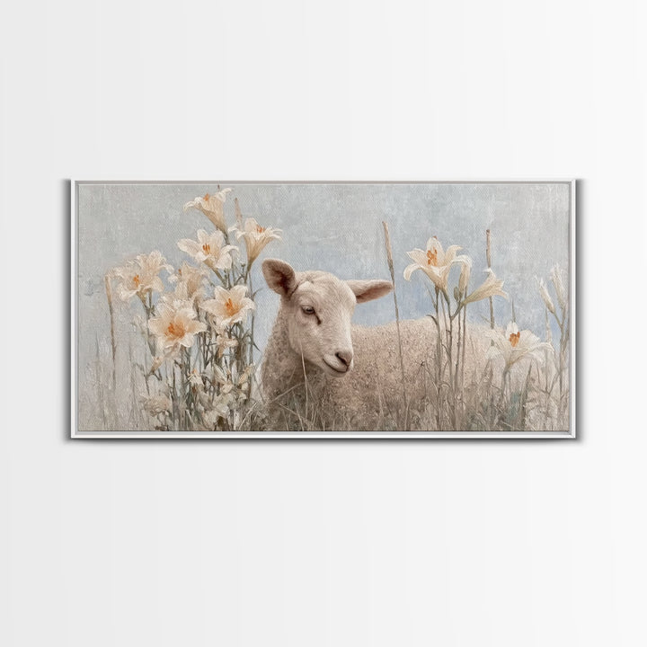 Morning Lily Lamb – Framed Canvas Print – Christian Art Canvas – Christian Art Print – Christian Wall Art – Subtle Christian Art – Christia