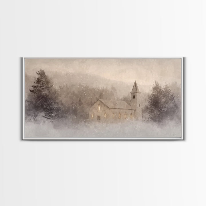 Snowy Chapel – Framed Canvas Print – Christian Christmas Art – Christian Art Canvas – Christmas Wall Art – Christian Paintings – Christian