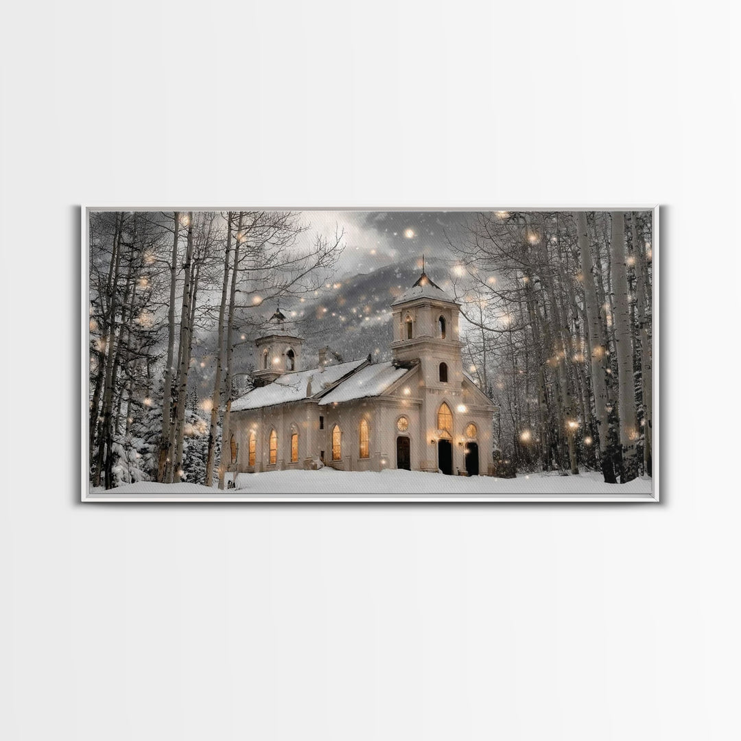 Evergreen Church – Framed Canvas Print – Christmas Wall Art – Christian Art Canvas – Framed Christmas Wall Art – Christian Christmas Art –