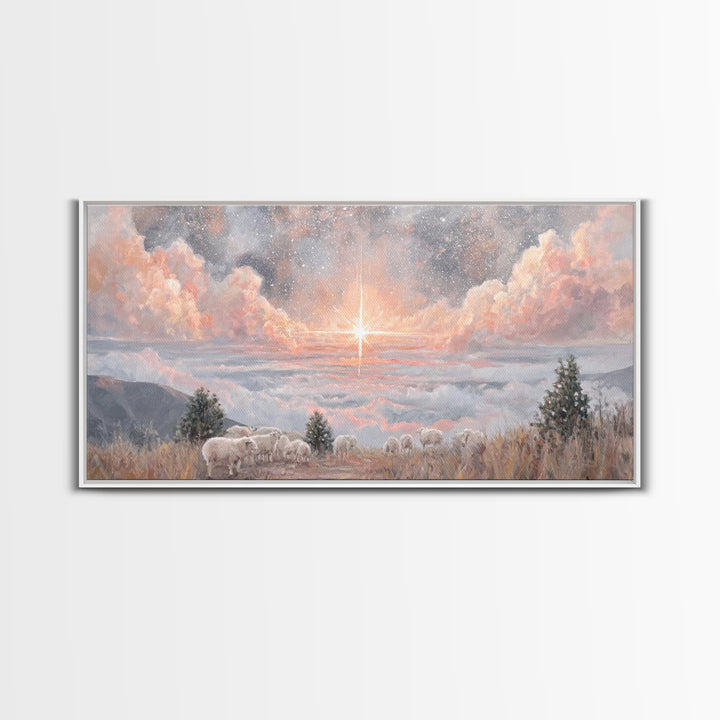 Shepherds’ Field Light – Framed Canvas Print – Christian Christmas Art – Christian Art Canvas – Retro Christmas Art – Christian Decorations