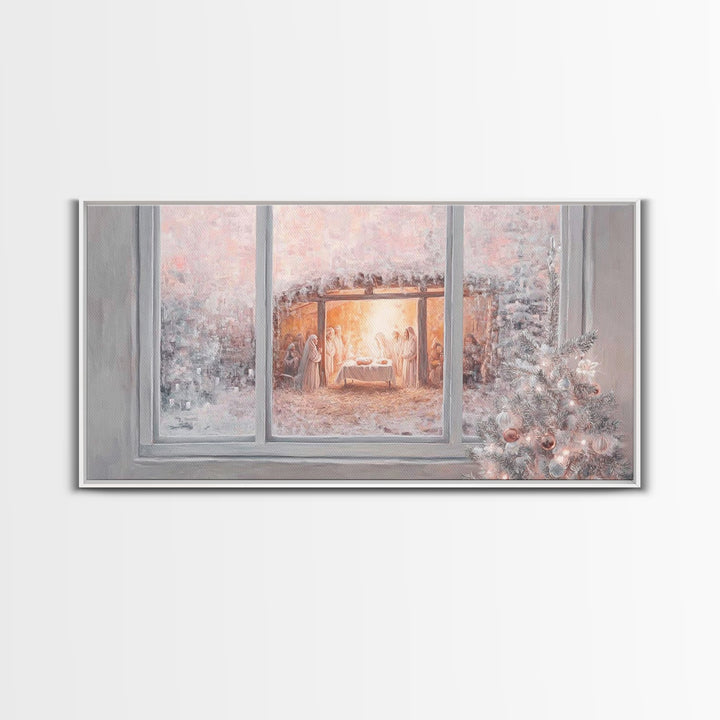 Nativity Through Frosted Glass | Framed Canvas Print | Christian Christmas Art | Christmas Wall Art | Jesus Painting | Christian Art Canvas