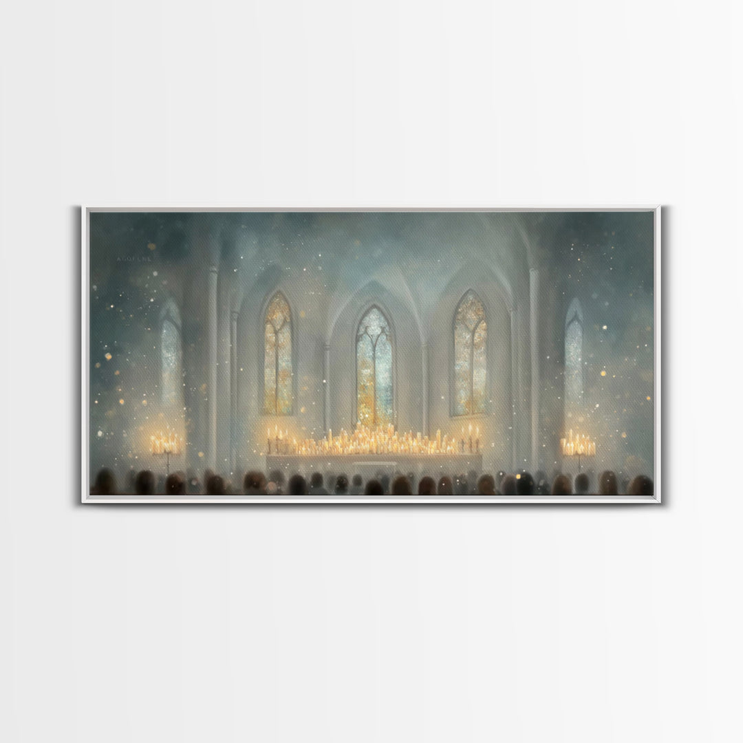 Cathedral Midnight Flame – Framed Canvas Print – Christian Paintings – Christmas Wall Art – Christian Christmas Art – Large Christian Paint