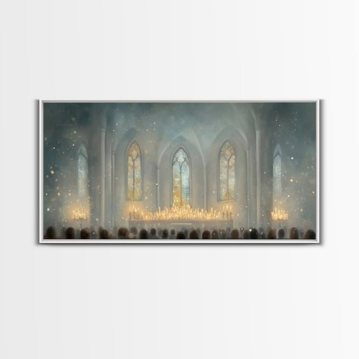 Cathedral Midnight Flame – Framed Canvas Print – Christian Paintings – Christmas Wall Art – Christian Christmas Art – Large Christian Paint