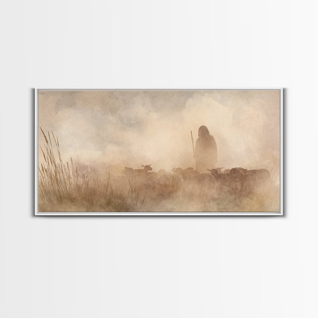 Shepherd In Mist – Framed Canvas Print | Christian Art Canvas | Christian Wall Art | Christian Christmas Art | Christian Art | Jesus Painti