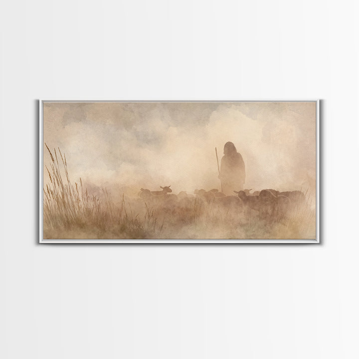 Shepherd In Mist – Framed Canvas Print | Christian Art Canvas | Christian Wall Art | Christian Christmas Art | Christian Art | Jesus Painti