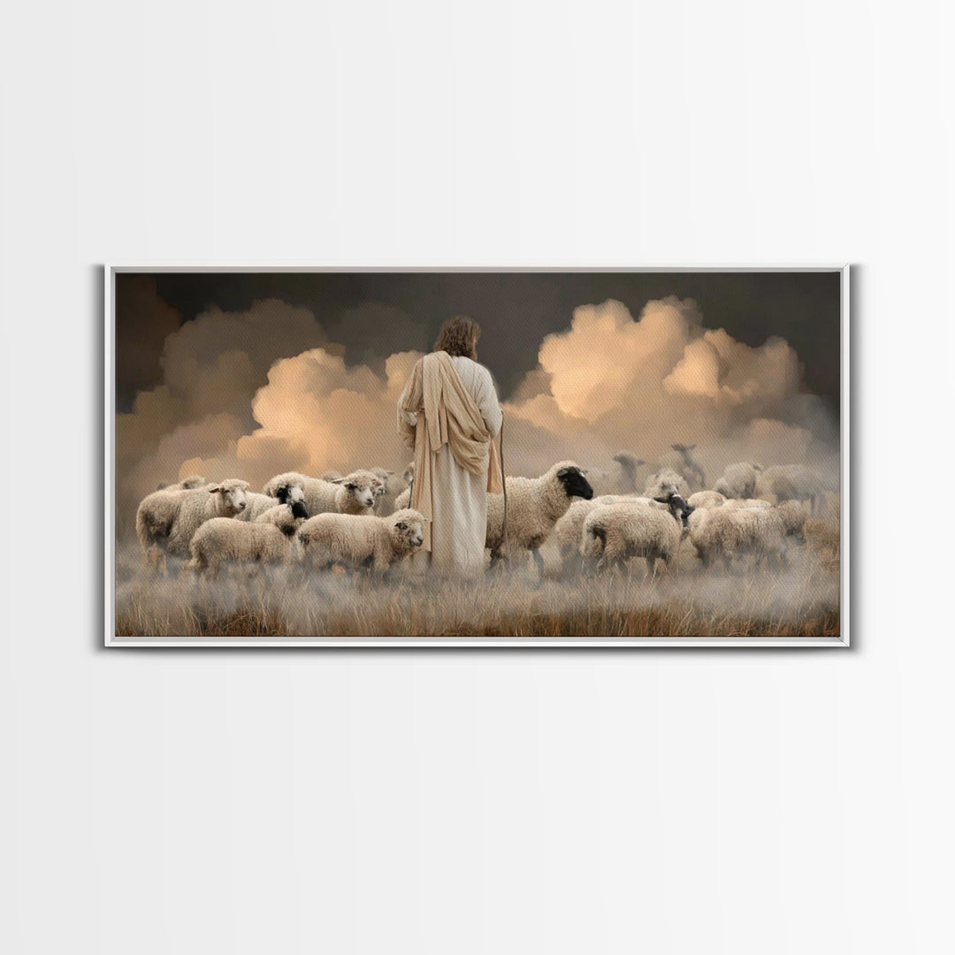 Evening Flock Peace – Framed Canvas Print | Christian Art | Jesus Painting | Christian Art Canvas | Christian Wall Art | Christmas Art