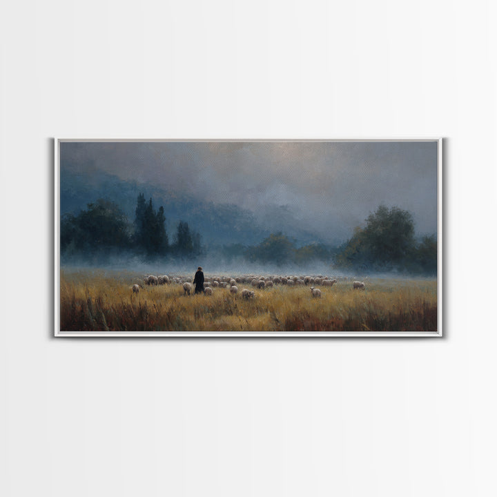 Misty Shepherd Path – Framed Canvas Print, Christian Art Canvas, Christian Christmas Art, Jesus Painting, Christian Wall Art, Christian Art