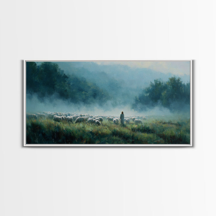 Morning Pasture Calm – Framed Canvas Print – Christian Art – Christian Wall Art – Christian Art Canvas – Jesus Painting – Christmas Art