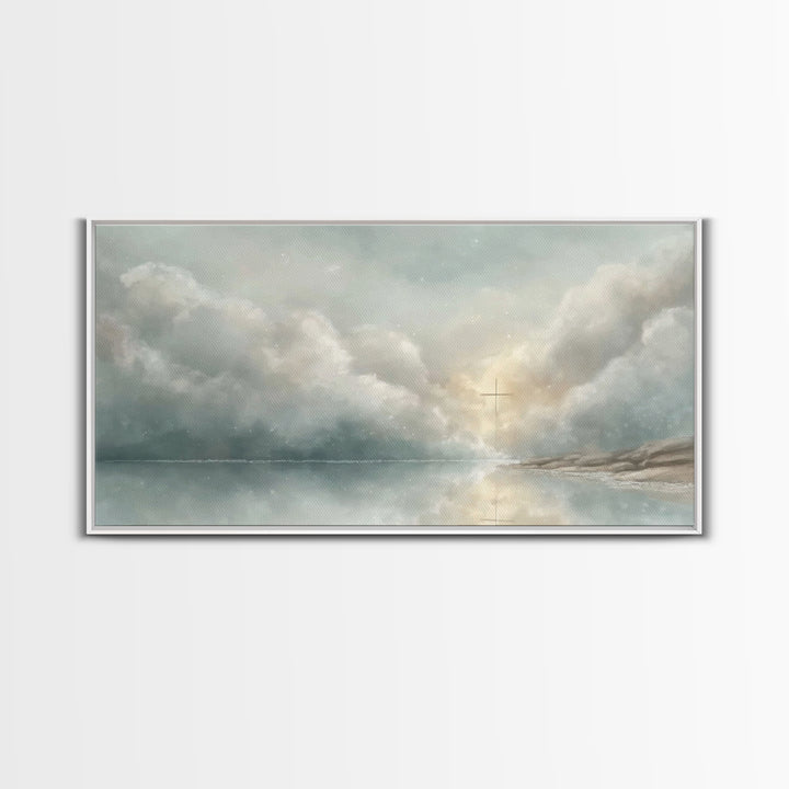 Cross In The Mist – Framed Canvas Print – Christian Wall Art – Jesus Painting – Moody Christmas Art – Christian Gift Ideas – Christian Art