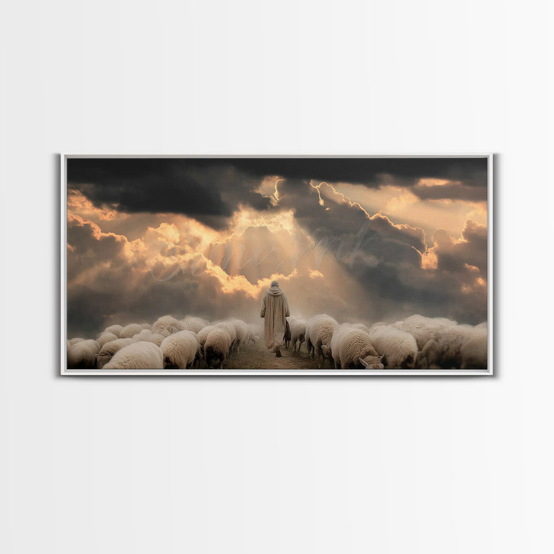 Heavenly Shepherd Light – Framed Canvas Print – Christian Wall Art – Christian Christmas Art – Jesus Painting – Christmas Canvas Wall Art –