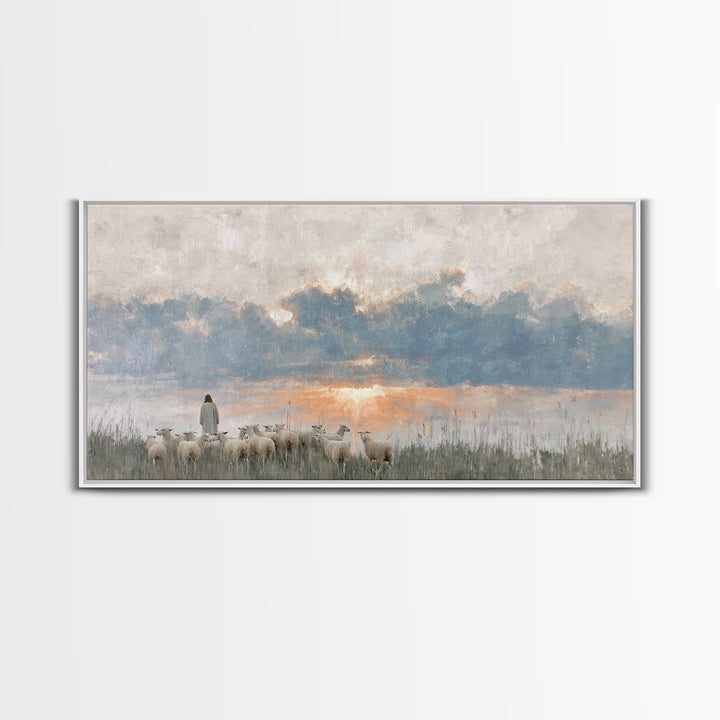 Dawn Of The Flock – Framed Canvas Print – Vintage Christian Art – Christian Wall Art – Christian Art Canvas – Jesus Painting – Christian Ch
