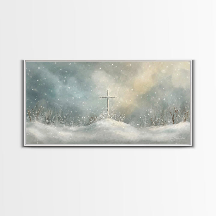 Frosted Cross Light – Framed Canvas Print – Christian Art Canvas – Minimalist Christian Art – Christian Wall Art – Subtle Christian Art – C