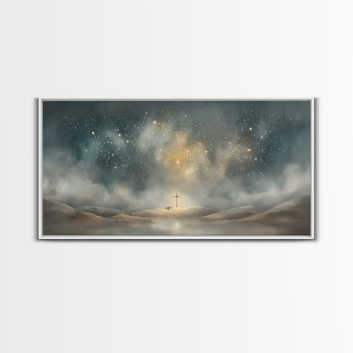 Starlit Crossland – Framed Canvas Print – Christian Art Canvas – Christian Wall Art – Modern Christian Art – Christmas Art – Christian Gift