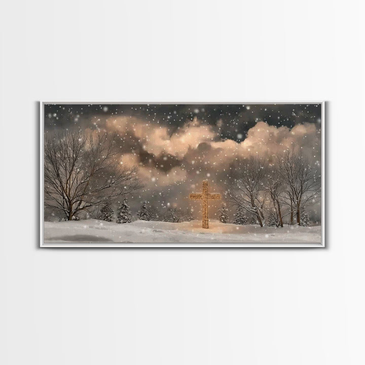 Snowbound Grace – Framed Canvas Print – Christmas Wall Art – Christian Art Canvas – Moody Christmas Art – Christian Painting