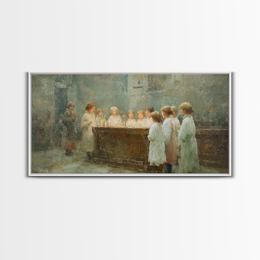 Little Lights Gathered – Framed Canvas Print – Christian Christmas Art – Christmas Wall Art – Christian Art Print – Vintage Christmas Art –