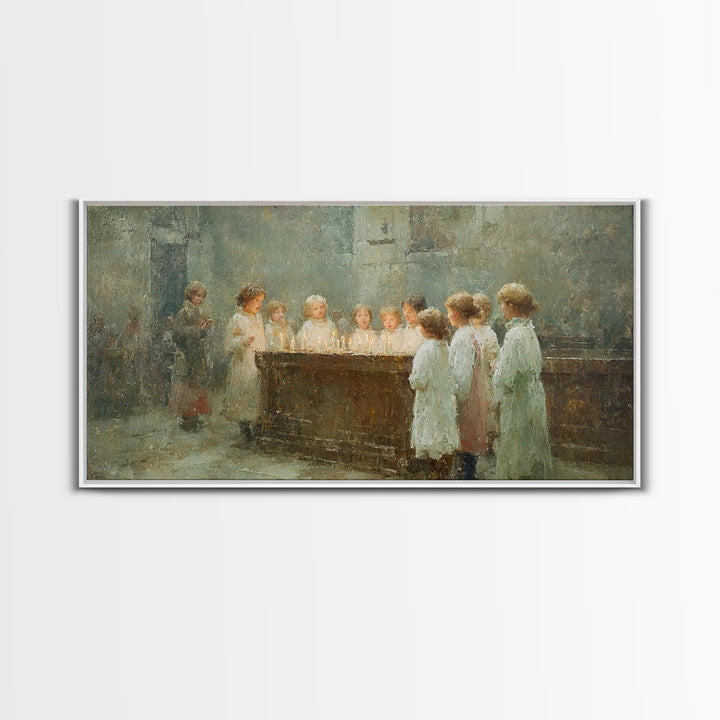 Little Lights Gathered – Framed Canvas Print – Christian Christmas Art – Christmas Wall Art – Christian Art Print – Vintage Christmas Art –