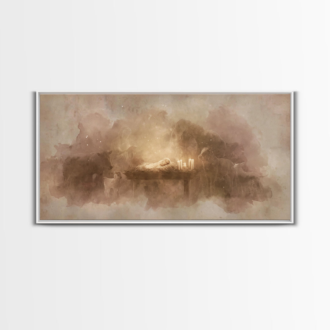 Silent Manger Light – Framed Canvas Print – Christian Art Canvas – Christian Christmas Art – Jesus Painting – Christmas Art – Christian Art