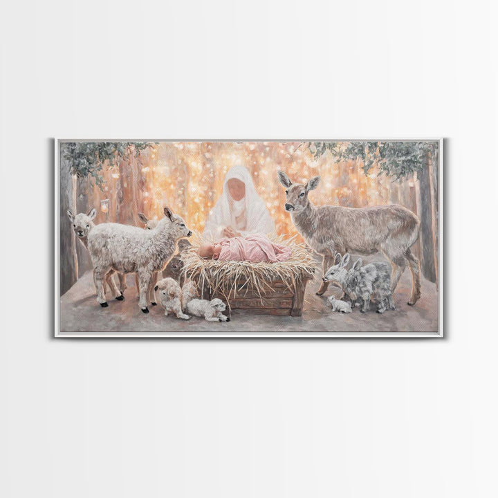 Forest Nativity Glow – Framed Canvas Print – Christian Wall Art – Christian Art Canvas – Christmas Art – Jesus Painting – Christian Art