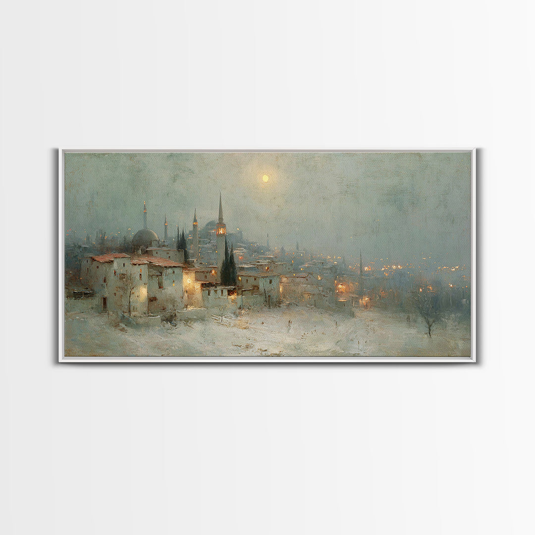 Winter Holy Town | Framed Canvas Print | Christmas Wall Art | Christian Art Canvas | Moody Christmas Art | Christian Art Print | Vintage Ch