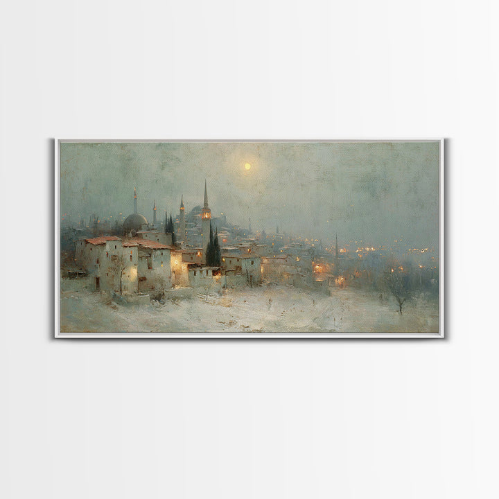 Winter Holy Town | Framed Canvas Print | Christmas Wall Art | Christian Art Canvas | Moody Christmas Art | Christian Art Print | Vintage Ch