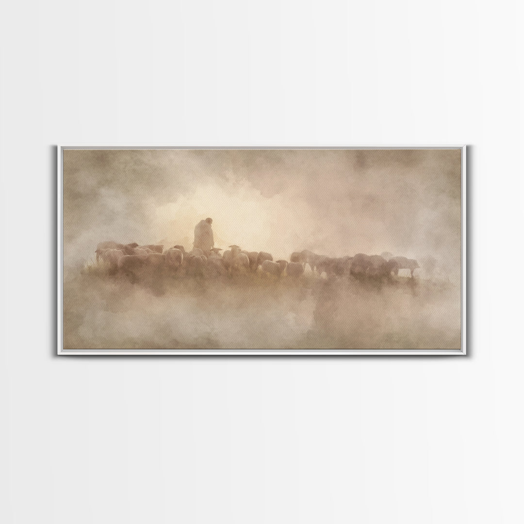 Shepherds Of Dawn - Framed Canvas Print - Christian Wall Art - Christian Art Canvas - Jesus Painting - Pastoral Scenery - Christian Gift