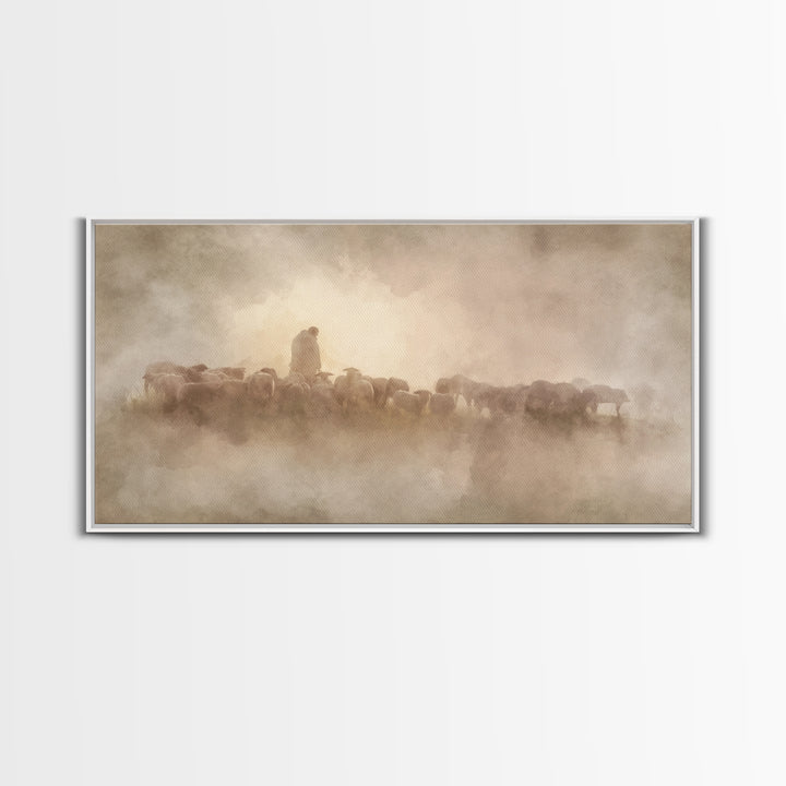 Shepherds Of Dawn - Framed Canvas Print - Christian Wall Art - Christian Art Canvas - Jesus Painting - Pastoral Scenery - Christian Gift
