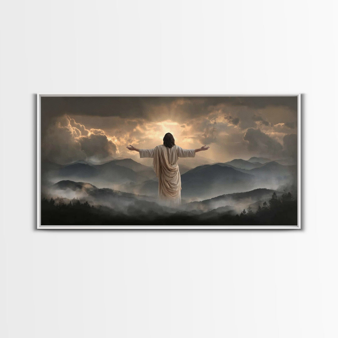 Mountain Glory Light - Framed Canvas Print - Christian Art Canvas - Christian Wall Art - Jesus Painting - Christian Gift - Christmas Art